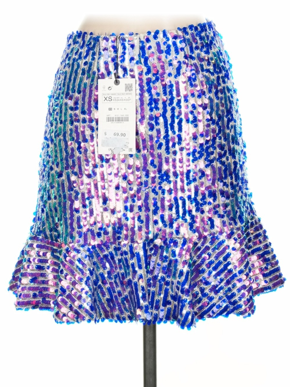 Zara Sequin Mini Skirt NWT XS Blue Purple Iridescent Party Skirt Ruffle Hem - Picture 3 of 5